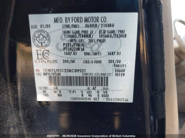 2005 Ford Escape Xlt მანქანა იყიდება აუქციონზე, vin: 1FMYU93125KC89521, აუქციონის ნომერი: 40070791