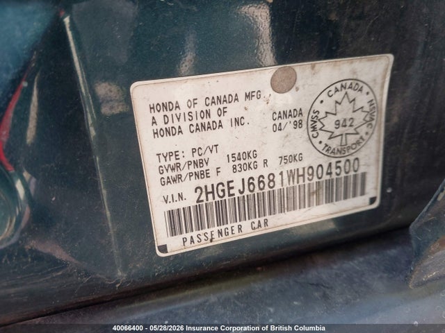 Aukcja sprzedaży 1998 Honda Civic Ex, vin: 2HGEJ6681WH904500, numer aukcji: 40066400