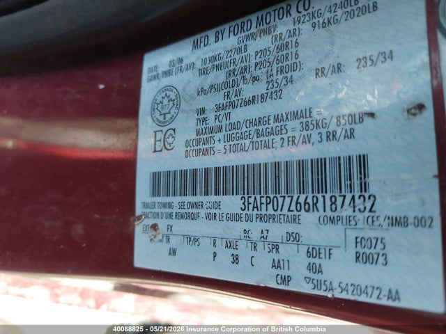 40068825 :رقم المزاد ، 3FAFP07Z66R187432 vin ، 2006 Ford Fusion Se مزاد بيع