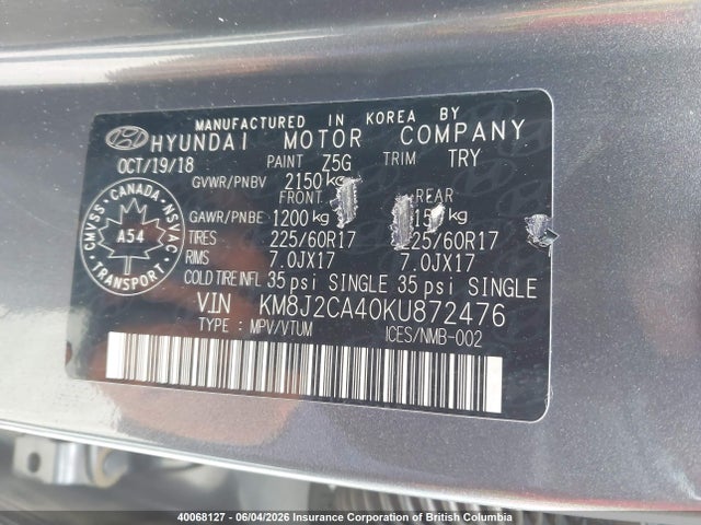Aukcja sprzedaży 2019 Hyundai Tucson Se, vin: KM8J2CA40KU872476, numer aukcji: 40068127