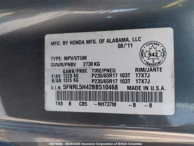 Продаж на аукціоні авто 2011 Honda Odyssey Ex, vin: 5FNRL5H42BB510468, номер лоту: 40070846
