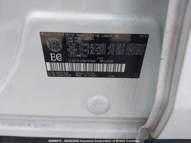 40069518 :رقم المزاد ، 2T3DFREV1DW107908 vin ، 2013 Toyota Rav4 Limited مزاد بيع