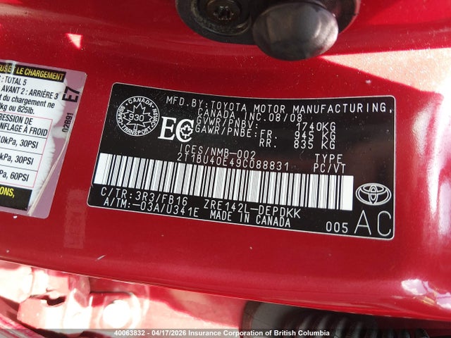 40063832 :رقم المزاد ، 2T1BU40E49C088831 vin ، 2009 Toyota Corolla S/le/xle مزاد بيع