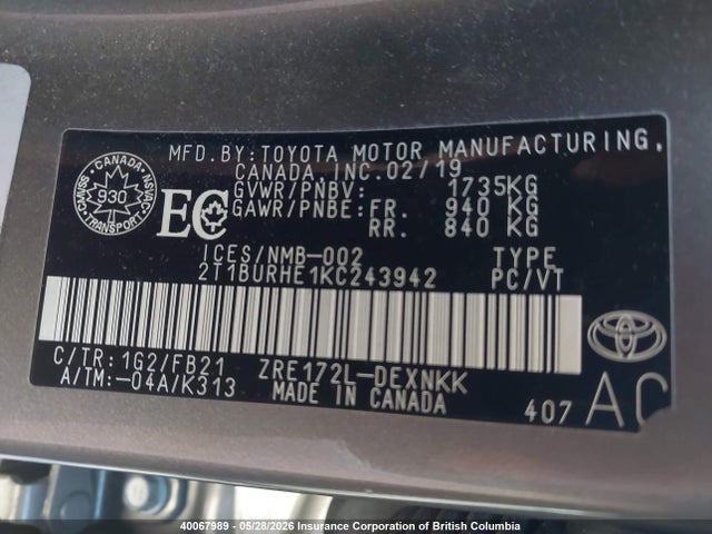 2019 Toyota Corolla Le მანქანა იყიდება აუქციონზე, vin: 2T1BURHE1KC243942, აუქციონის ნომერი: 40067989