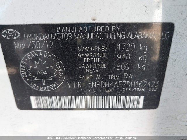 Aukcja sprzedaży 2013 Hyundai Elantra Gls/limited, vin: 5NPDH4AE7DH162423, numer aukcji: 40070864