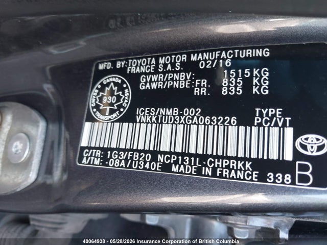 40064938 :رقم المزاد ، VNKKTUD3XGA063226 vin ، 2016 Toyota Yaris L/le/se مزاد بيع