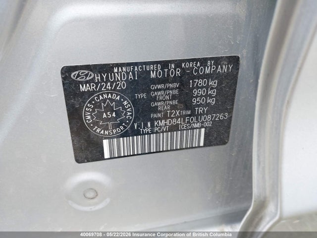 Продажа на аукционе авто 2020 Hyundai Elantra Sel/value/limited, vin: KMHD84LF0LU087263, номер лота: 40069708