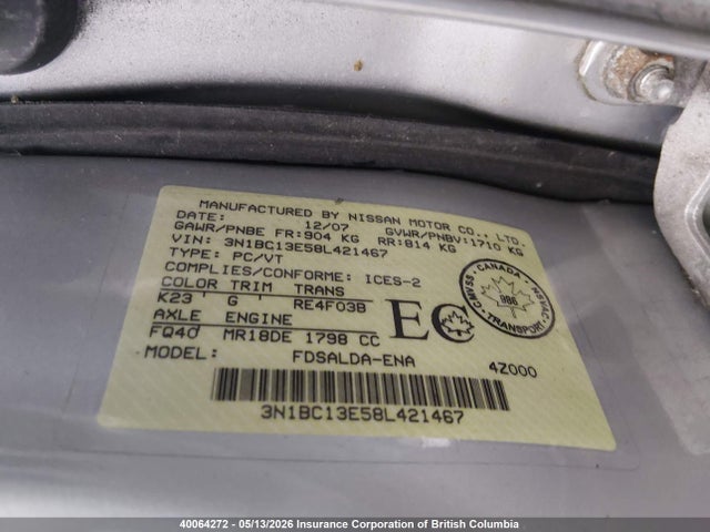 Продажа на аукционе авто 2008 Nissan Versa S/sl, vin: 3N1BC13E58L421467, номер лота: 40064272
