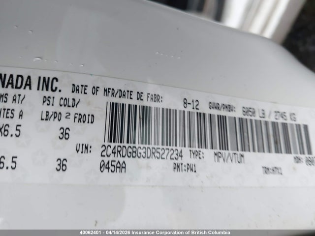 40062401 :رقم المزاد ، 2C4RDGBG3DR527234 vin ، 2013 Dodge Grand Caravan Se مزاد بيع