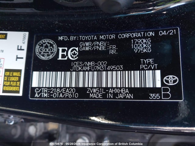 Aukcja sprzedaży 2021 Toyota Prius, vin: JTDKAMFU7M3149503, numer aukcji: 40070875