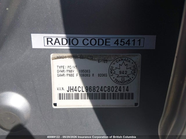 Продажа на аукционе авто 2004 Acura Tsx, vin: JH4CL96824C802414, номер лота: 40069122