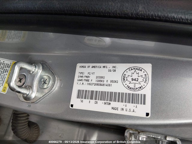 Auction sale of the 2008 Honda Accord Exl, vin: 1HGCP26808A814061, lot number: 40066279