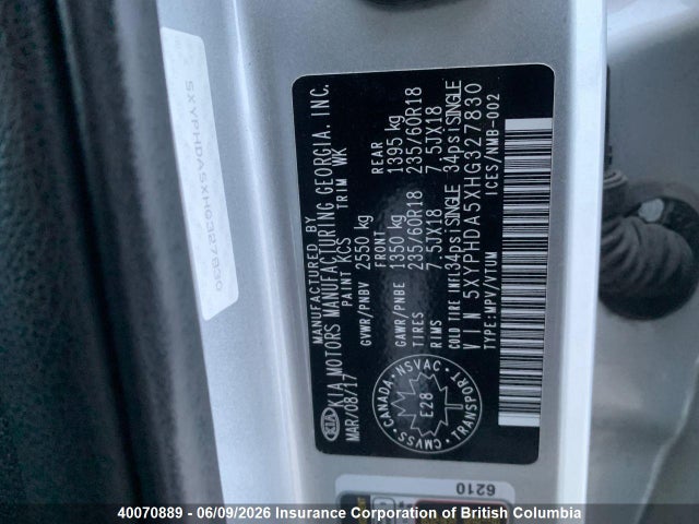 40070889 :رقم المزاد ، 5XYPHDA5XHG327830 vin ، 2017 Kia Sorento Ex مزاد بيع