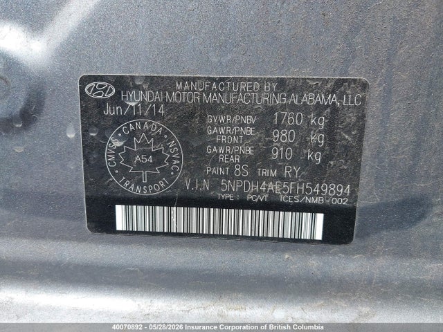 40070892 :رقم المزاد ، 5NPDH4AE5FH549894 vin ، 2015 Hyundai Elantra Se/sport/limited مزاد بيع
