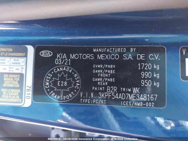 40070908 :رقم المزاد ، 3KPF54AD7ME348167 vin ، 2021 Kia Forte مزاد بيع
