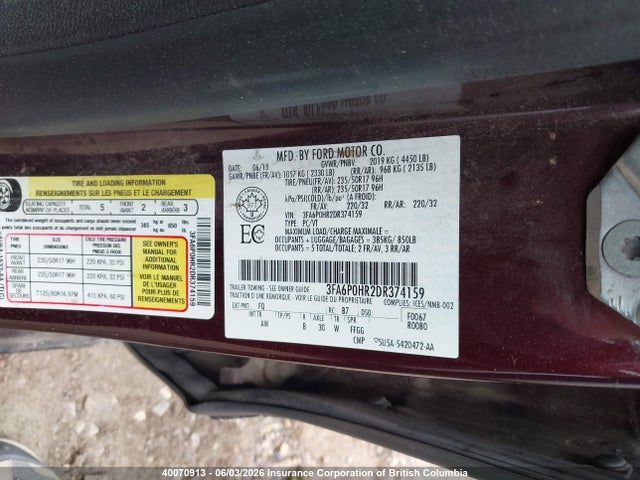 2013 Ford Fusion Se მანქანა იყიდება აუქციონზე, vin: 3FA6P0HR2DR374159, აუქციონის ნომერი: 40070913
