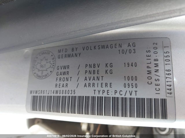 40070916 :رقم المزاد ، WVWSR61J14W088035 vin ، 2004 Volkswagen Jetta مزاد بيع