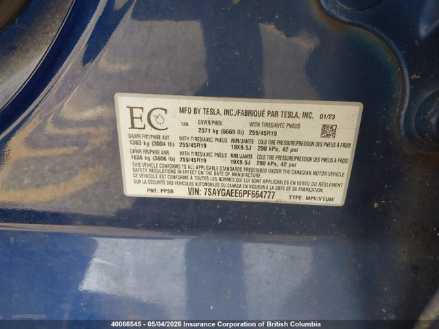Aukcja sprzedaży 2023 Tesla Model Y, vin: 7SAYGAEE6PF664777, numer aukcji: 40066545