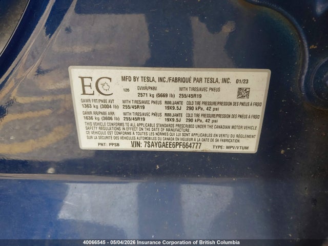 Aukcja sprzedaży 2023 Tesla Model Y, vin: 7SAYGAEE6PF664777, numer aukcji: 40066545