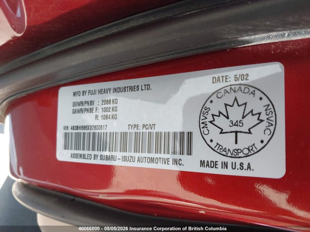 40066800 :رقم المزاد ، 4S3BH686X37600517 vin ، 2003 Subaru Legacy Outback Limited مزاد بيع