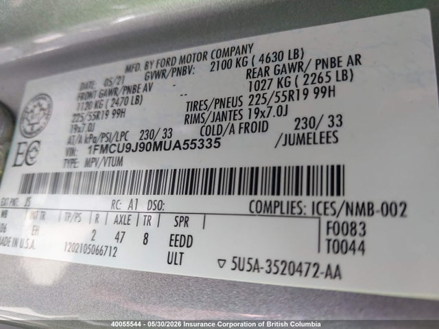 Aukcja sprzedaży 2021 Ford Escape Titanium, vin: 1FMCU9J90MUA55335, numer aukcji: 40055544