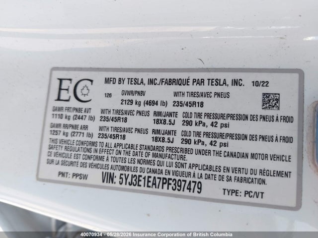 Продажа на аукционе авто 2023 Tesla Model 3, vin: 5YJ3E1EA7PF397479, номер лота: 40070934