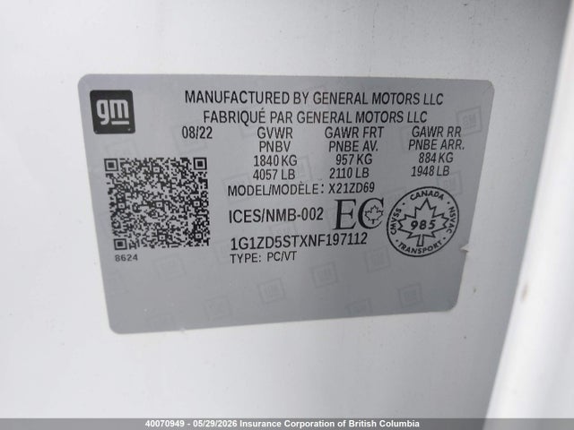 Продаж на аукціоні авто 2022 Chevrolet Malibu Lt, vin: 1G1ZD5STXNF197112, номер лоту: 40070949