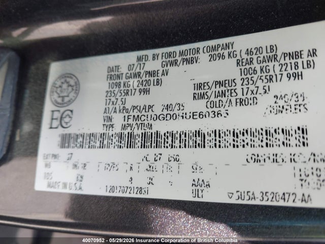 40070952 :رقم المزاد ، 1FMCU0GD0HUE60365 vin ، 2017 Ford Escape Se مزاد بيع