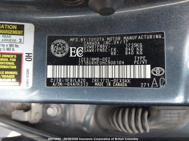 40070954 :رقم المزاد ، 2T1BURHE0HC906104 vin ، 2017 Toyota Corolla Se مزاد بيع