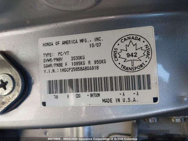 2008 Honda Accord Exl მანქანა იყიდება აუქციონზე, vin: 1HGCP25858A804918, აუქციონის ნომერი: 40070955