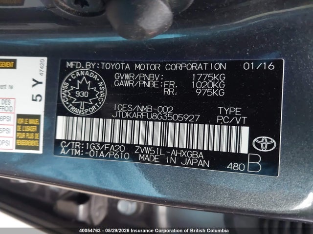 Продажа на аукционе авто 2016 Toyota Prius, vin: JTDKARFU8G3505927, номер лота: 40054763