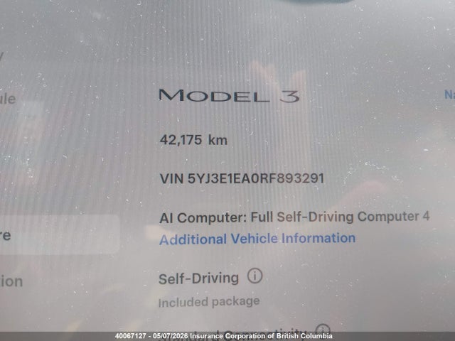 Продажа на аукционе авто 2024 Tesla Model 3, vin: 5YJ3E1EA0RF893291, номер лота: 40067127