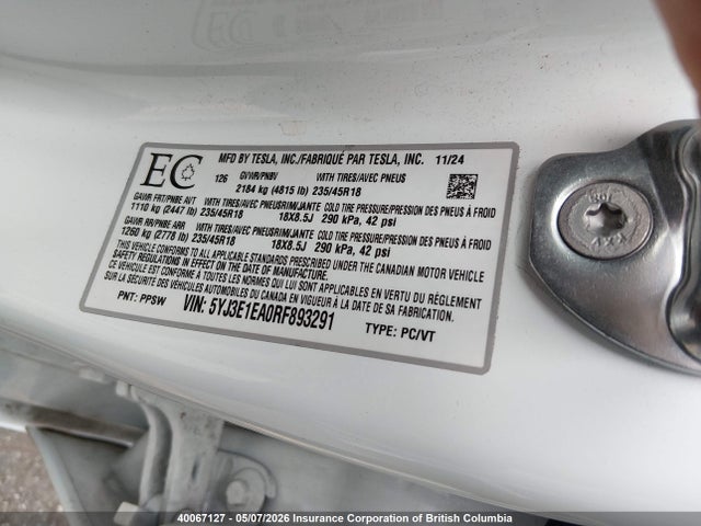 Продажа на аукционе авто 2024 Tesla Model 3, vin: 5YJ3E1EA0RF893291, номер лота: 40067127