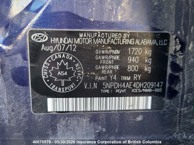 2013 Hyundai Elantra Limited მანქანა იყიდება აუქციონზე, vin: 5NPDH4AE4DH209147, აუქციონის ნომერი: 40070979