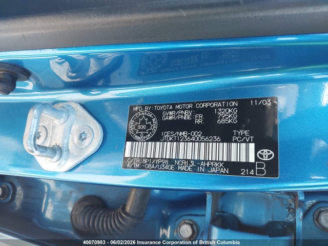 40070983 :رقم المزاد ، JTDKT123640056236 vin ، 2004 Toyota Echo مزاد بيع