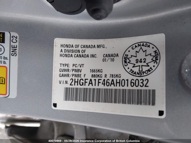 2010 Honda Civic მანქანა იყიდება აუქციონზე, vin: 2HGFA1F46AH016032, აუქციონის ნომერი: 40070989