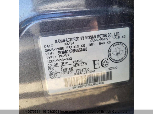 40070991 :رقم المزاد ، 3N1AB7AP8EL657466 vin ، 2014 Nissan Sentra S/sv/sr/sl مزاد بيع