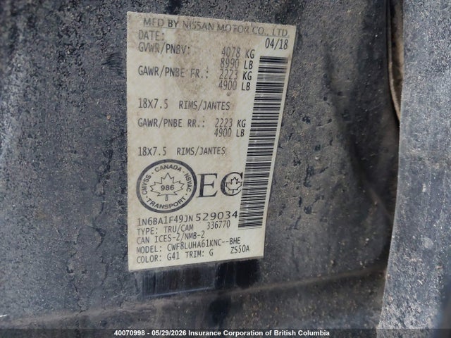 40070998 :رقم المزاد ، 1N6BA1F49JN529034 vin ، 2018 Nissan Titan مزاد بيع