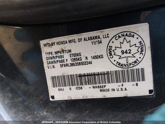 40066485 :رقم المزاد ، 5FNRL38635B502244 vin ، 2005 Honda Odyssey Exl مزاد بيع