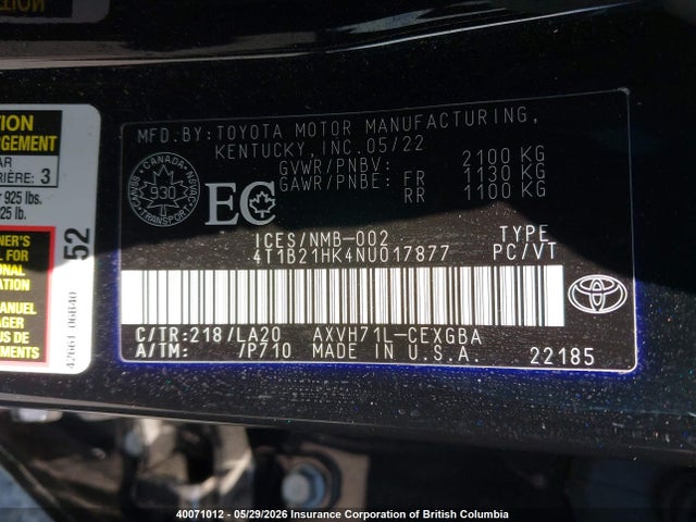 40071012 :رقم المزاد ، 4T1B21HK4NU017877 vin ، 2022 Toyota Camry مزاد بيع