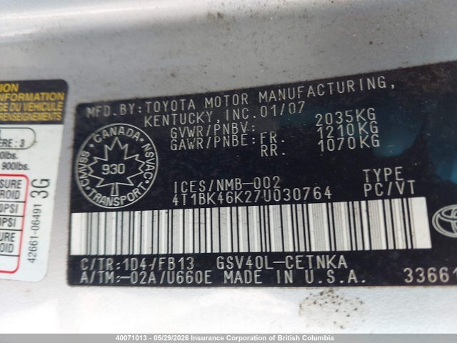 Aukcja sprzedaży 2007 Toyota Camry, vin: 4T1BK46K27U030764, numer aukcji: 40071013