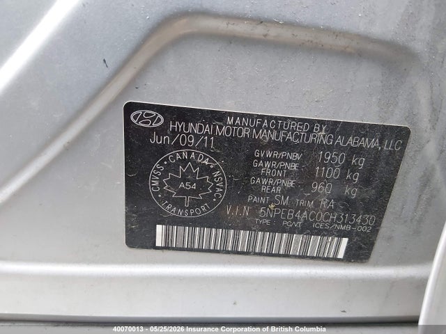Aukcja sprzedaży 2012 Hyundai Sonata Gls, vin: 5NPEB4AC0CH313430, numer aukcji: 40070013