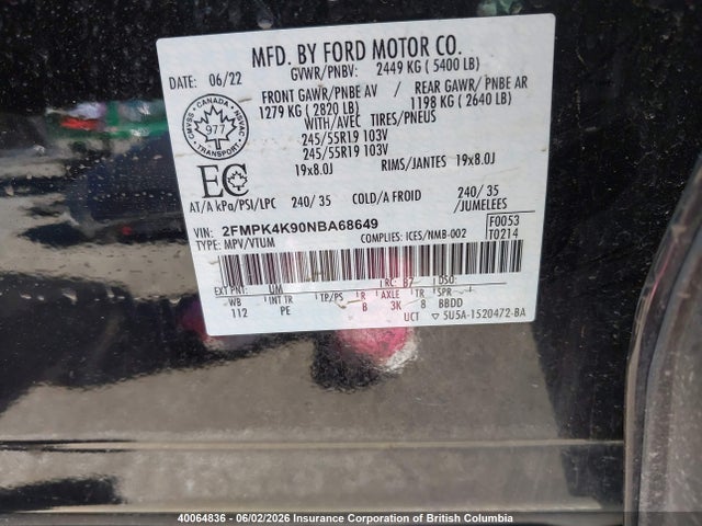 2022 Ford Edge Titanium მანქანა იყიდება აუქციონზე, vin: 2FMPK4K90NBA68649, აუქციონის ნომერი: 40064836