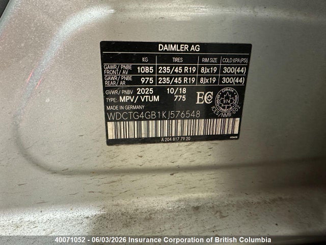 40071052 :رقم المزاد ، WDCTG4GB1KJ576548 vin ، 2019 Mercedes-benz Gla 250 4matic مزاد بيع