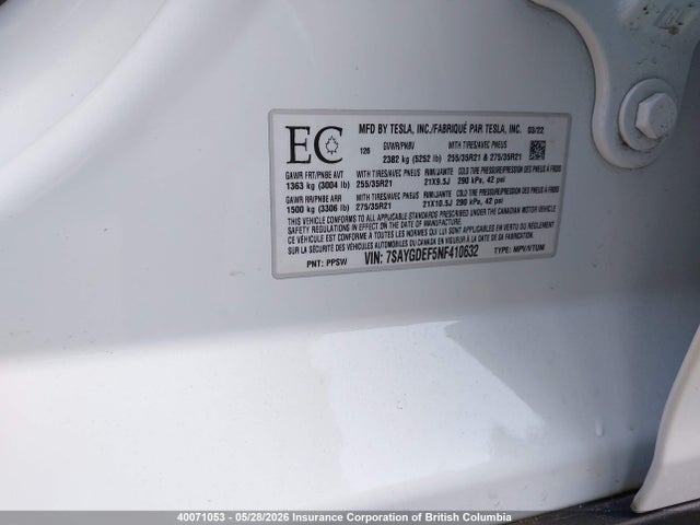 40071053 :رقم المزاد ، 7SAYGDEF5NF410632 vin ، 2022 Tesla Model Y Performance مزاد بيع