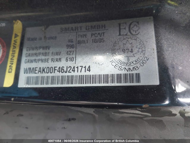 Aukcja sprzedaży 2006 Smart Fortwo, vin: WMEAK00F46J241714, numer aukcji: 40071054