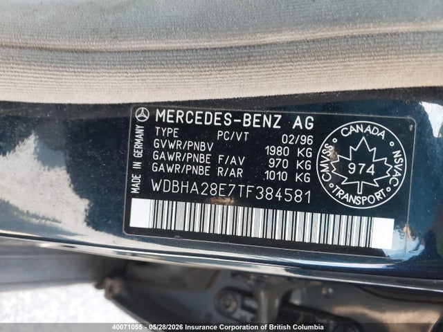 40071055 :رقم المزاد ، WDBHA28E7TF384581 vin ، 1996 Mercedes-benz C 280 مزاد بيع
