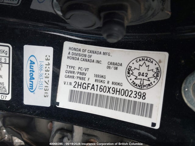 40068395 :رقم المزاد ، 2HGFA160X9H002398 vin ، 2009 Honda Civic Exl مزاد بيع