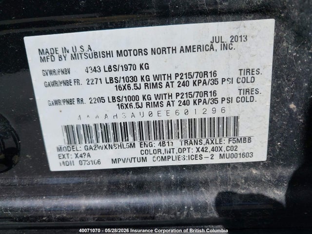 2014 Mitsubishi Rvr მანქანა იყიდება აუქციონზე, vin: 4A4AH3AU0EE601296, აუქციონის ნომერი: 40071070