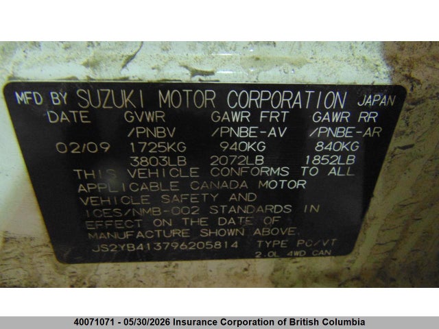 40071071 :رقم المزاد ، JS2YB413796205814 vin ، 2009 Suzuki Sx4 مزاد بيع